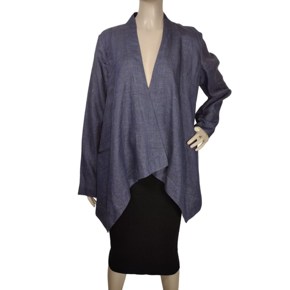 Talbots Blue 100% Linen Draped Open Front Waterfall Topper Jacket Size 10